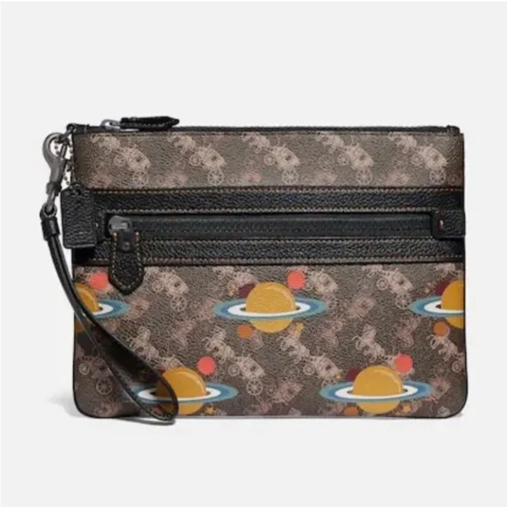 Coach Large Front Zip Wristlet With Horse & Carriage and Planet print